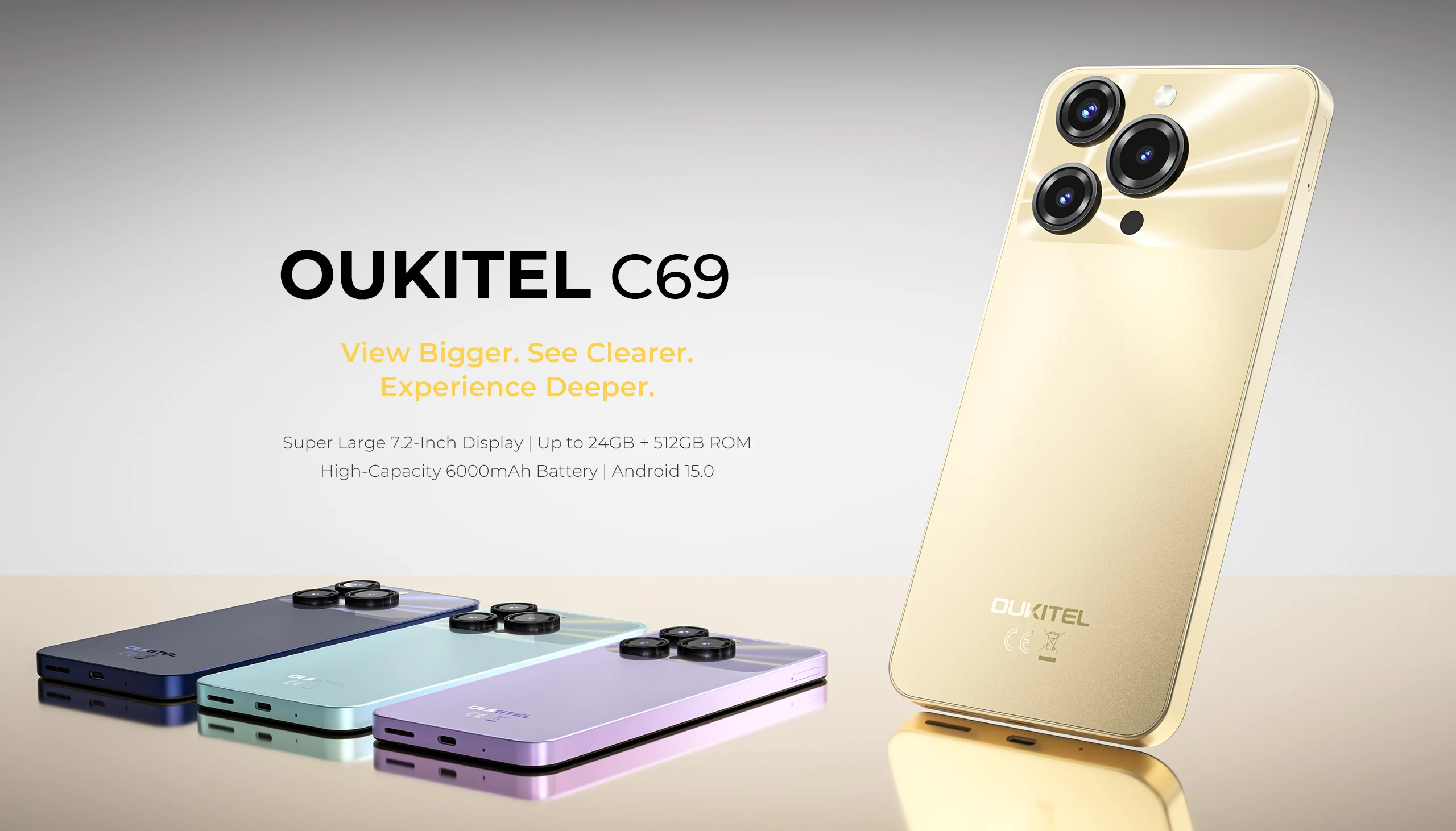 OUKITEL C69 Smartphon Android 15 7.2" HD+ Large Screen Dual 4G Mobile Phone 24GB(8+16)+256GB 6000mAh 64MP Main Camera 120Hz NFC