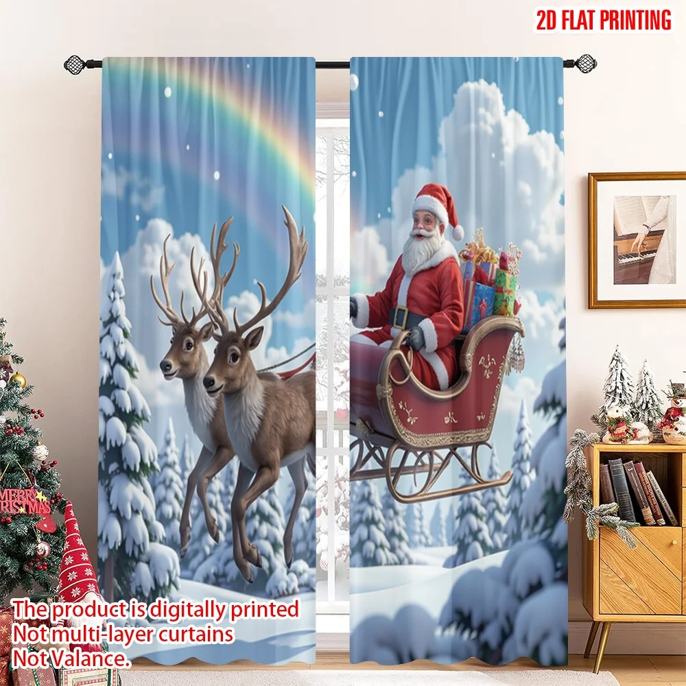 

2pcs 2D flat printing Merry Christmas Popular Curtain Santa Sleigh Rainbow Snow Polyester Without Electricity Holiday