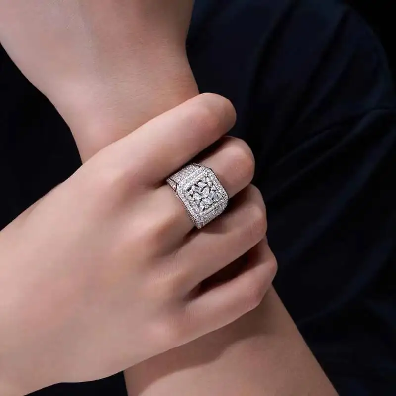 Factory Wholesale Iced Out VVS Moissanite Hip Hop Ring 925 Silver Platinum Plated Pass Diamond Tester Luxury Hip Hop Men Ring