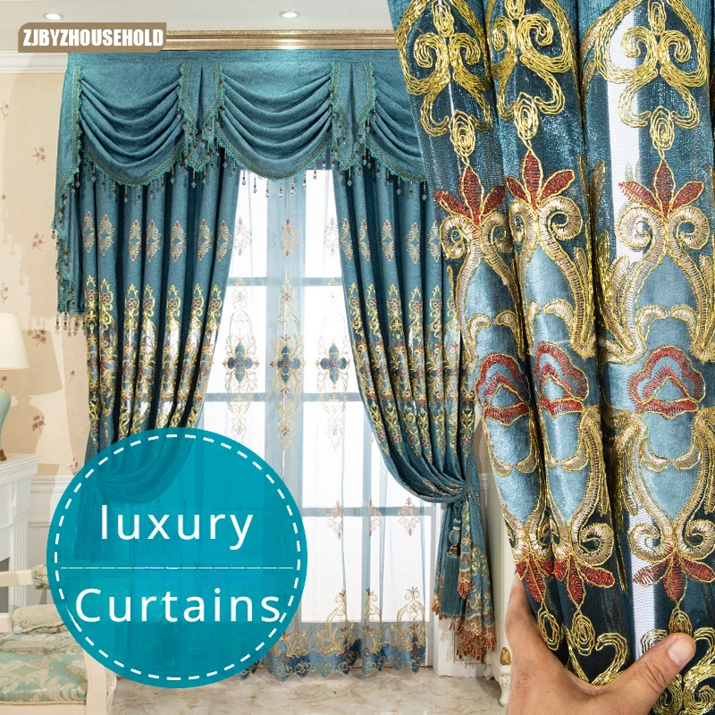 

High-grade European Embroidered Curtains for Living Dining Room Bedroom Blackout Luxury Atmosphere Palace Luxury Chenille