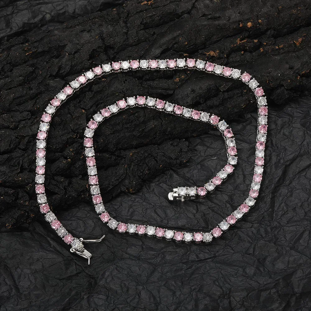 

4mm Pink-White Zircon Tennis Chain Hip-hop Jewelry Rainbow Alternating Diamond Colorful Tennis Chain Unisex Accessory