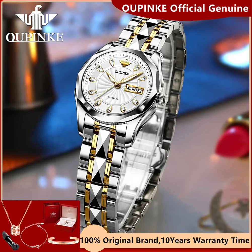 OUPINKE Genuine Gold Watch For Women Luxury Sapphire Crystal Diamond Automatic Mechanical Watch Waterproof Ladies Wrist Watch