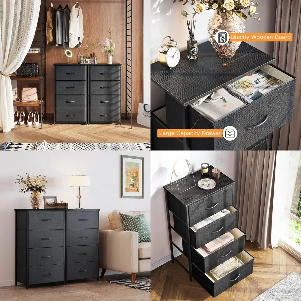 

Тумба для хранения в спальне с 4 тканевыми ящиками, прочным стальным каркасом и деревянной столешницей, черная