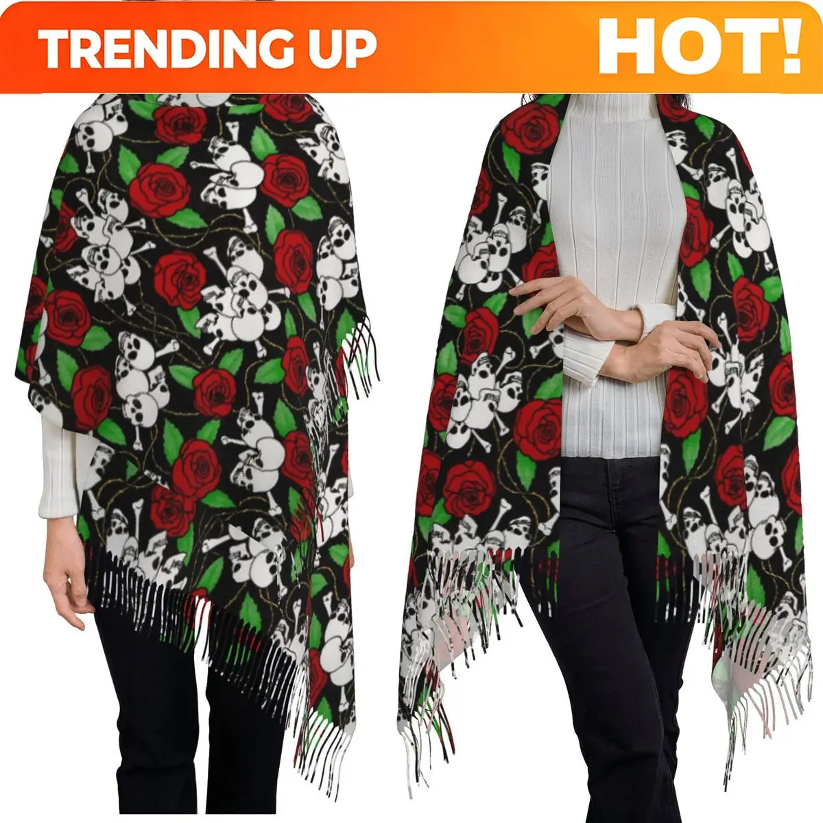 Customization Skull Floral Rose Thorn Gothic Scarf Tassel Scarves Women Soft Warm Shawls And Wraps Large Fall Winter Shawl Wrap