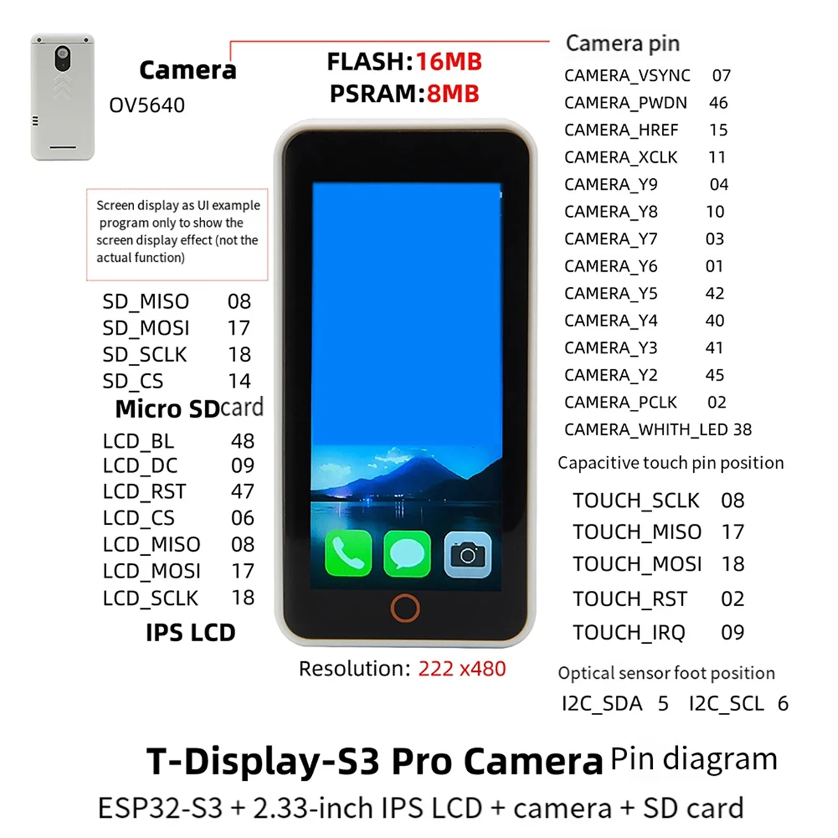 كاميرا Yours 5MP OV5640 T-Display-S3-Pro ESP32-S3 شاشة تعمل باللمس 2.33 بوصة لوحة تطوير LCD I2C وحدة استشعار WiFi D