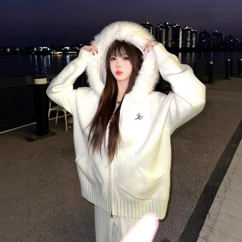 Autumn Winter New Style Hooded Fur Collar Women Knitted Cardigan Jacket  Loose Versatile Zipper Women Sweater