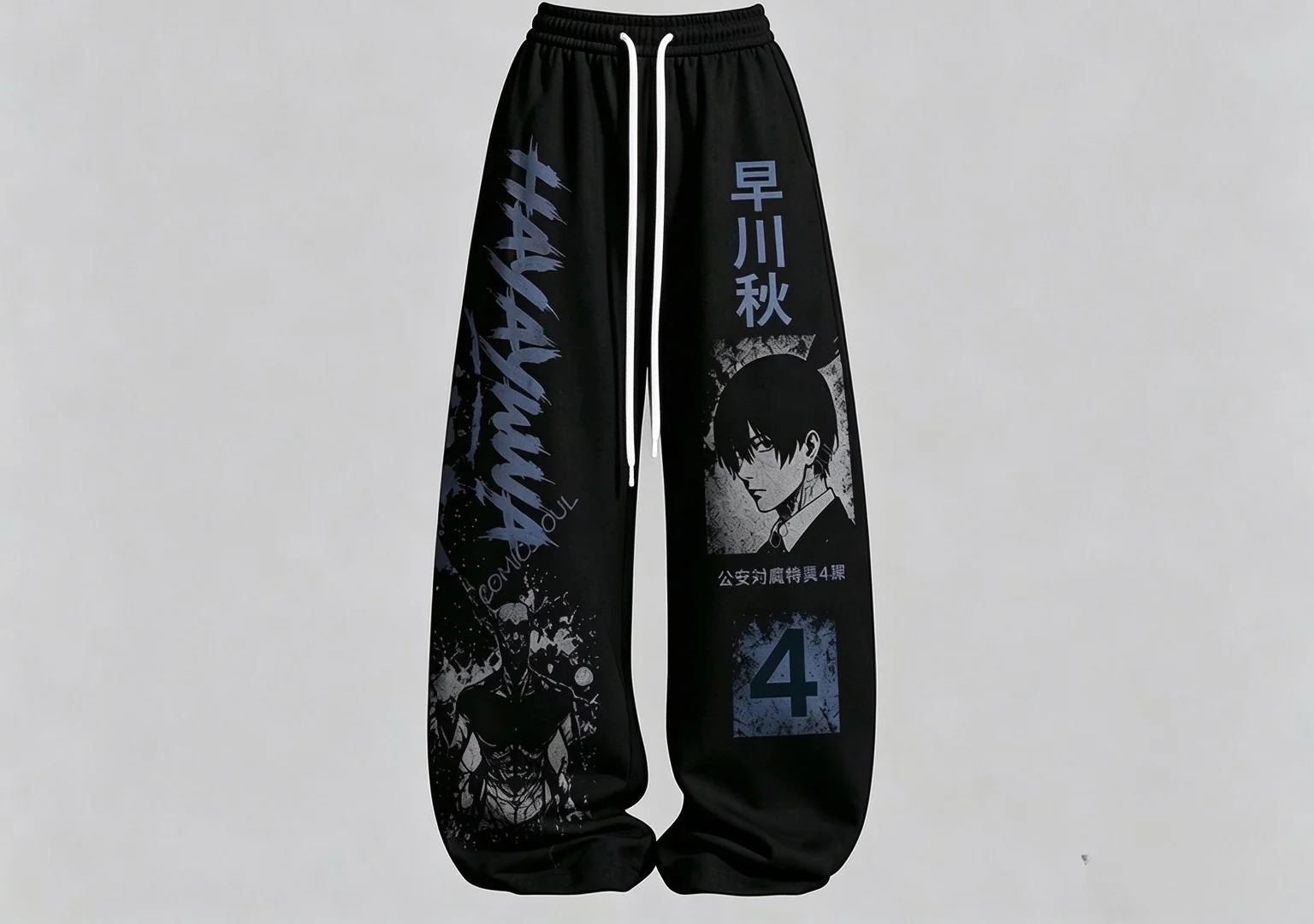 Black Base Blue Monochrome Anime Male Baggy Trousers, Light Silky Drawstring Pants for Night Market & Mono Tone Art Enthusiasts