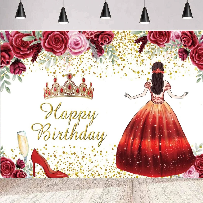 Photography Backdrop For Girl Quinceanera Red Crystal Shoes Golden Crown Happy Birthday Party Background Wall Poster Banner