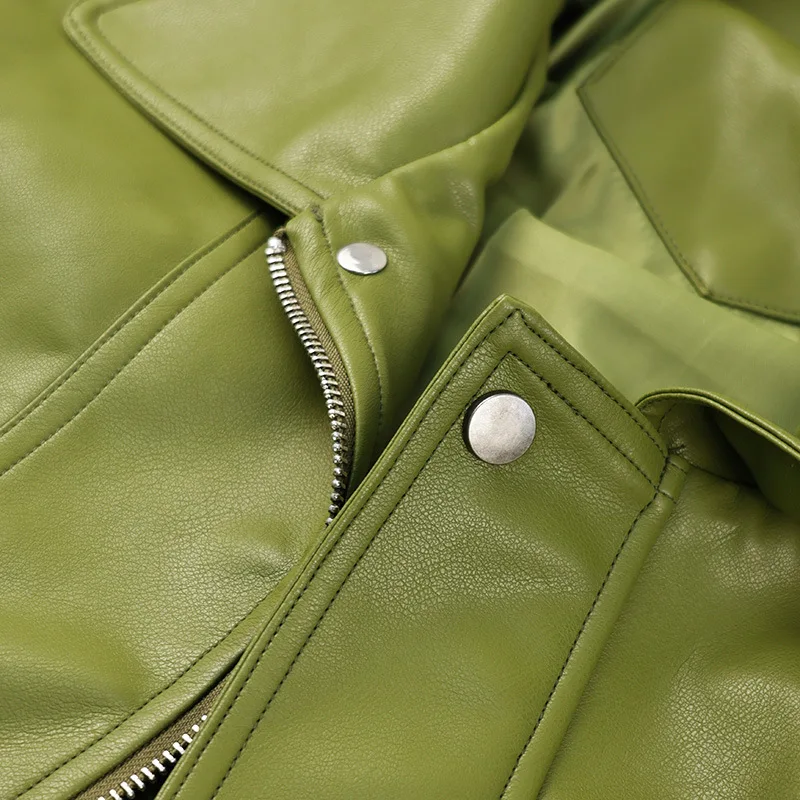 Jacke Coat Silhouette Vintage High Street Zipper Lapel Overcoat Loose Casual Outwear Autumn Olive Green faux Leather Jacket