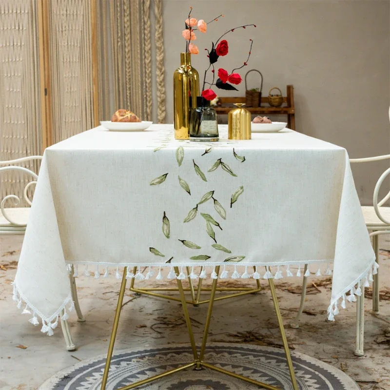 Embroidery Anglicanum Tassel Tablecloth, Cotton Linen Dust Proof Table Cover, for Kitchen Dining Room,Home Party Tabletop Decor