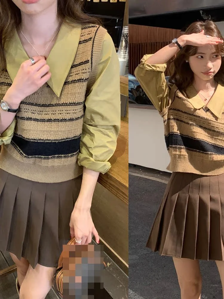 Coreano Sle empalme de punto ort irt V-Ne mujer Faion College Wind falso de dos piezas otoño nueva llegada diseño Retro