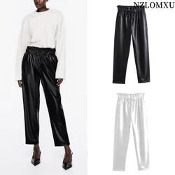 2024 inverno donna moda pieghe in ecopelle pantaloni alla caviglia pantaloni donna Fly Pantalones Mujer
