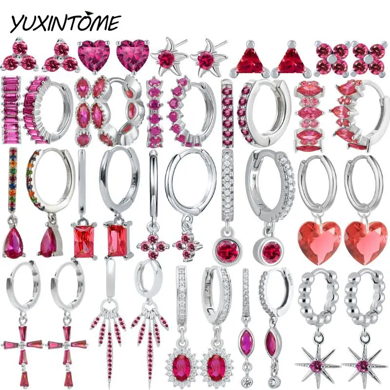 

925 Sterling Silver Needle Sweet and Romantic Rose Red Silver Series Hoop Earrings Pendant Women Light Luxury Fashion Earrings