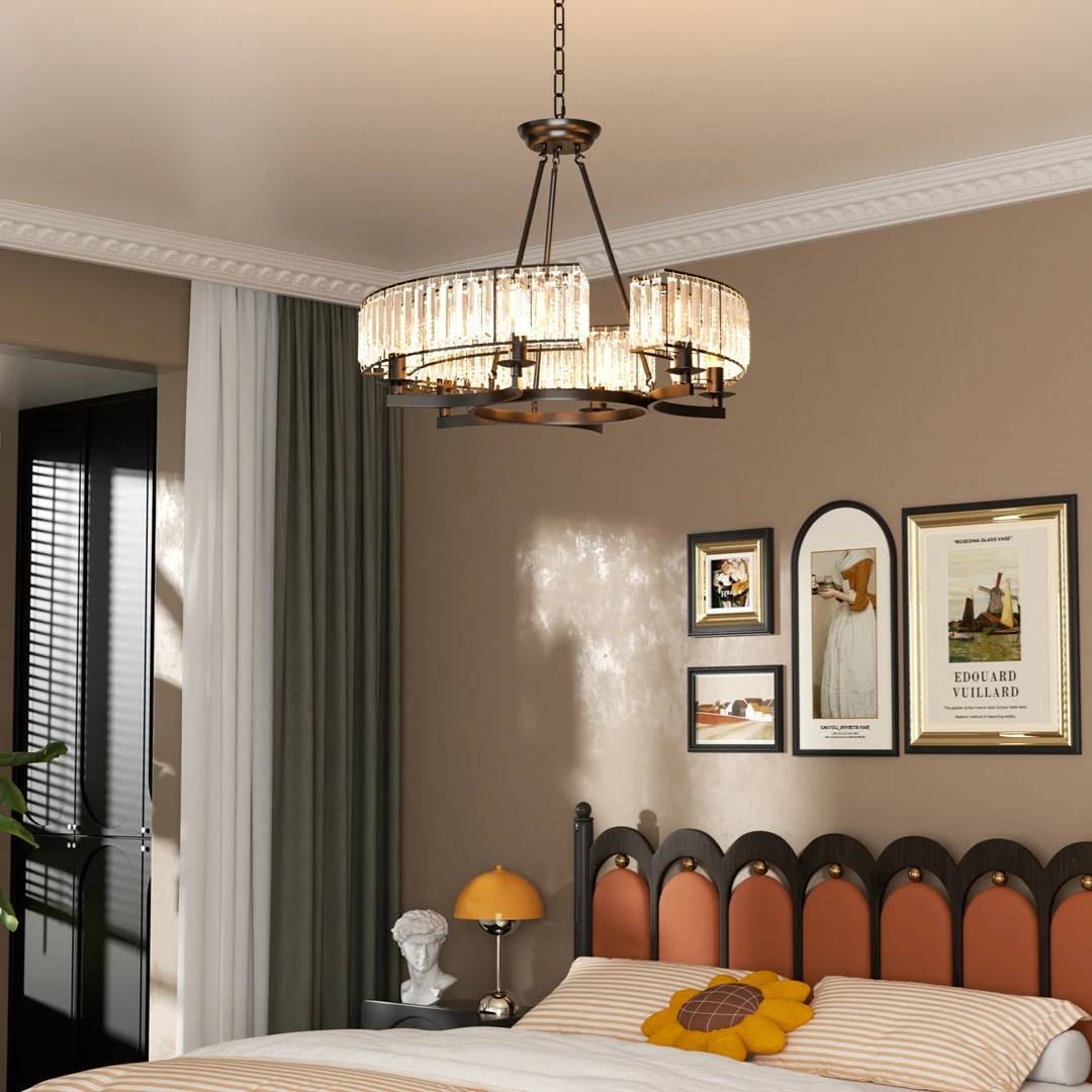 

Industrial Crystal Chandelier, 6 8 Light Black, Round Pendant Lamp, Long Crystals For, Dining Room Kitchen, Island E14 Bulbs
