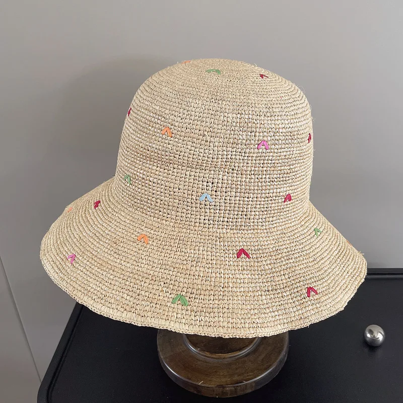 Women Embroidery Heart Raffia Straw Hat Packable Sun Hat Wide Brim Summer Bucket Hats Travel Derby Hat