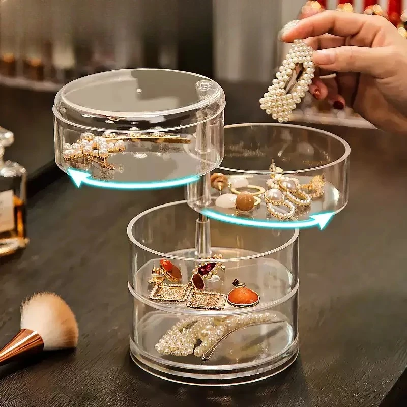 

Вращающаяся коробка для хранения ювелирных изделий, стеллаж для хранения макияжа, браслет, серьги, круглый пластиковый органайзер, держатель для коробок, стеллаж для выставки товаров с крышкой