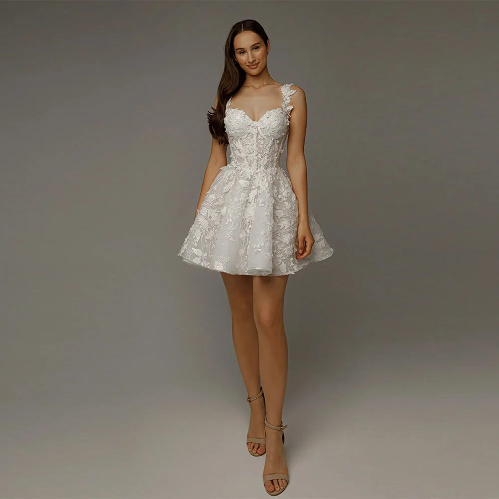

Customized Elegant Spaghetti Strap Wedding Dress 2025 Applique Bridal Gown Simple A-Line Short Skirt Sleeveless Dress
