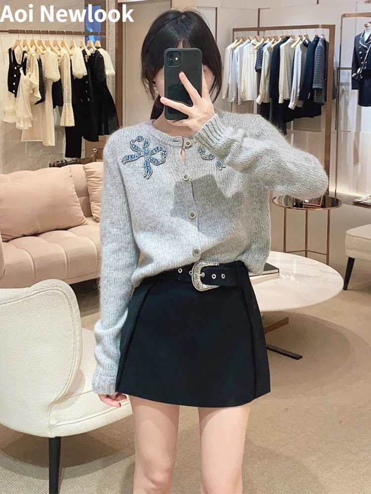 

Fashion Elegant Spice Girl Suit Women's 2023 Autumn New Diamond Bow Grey Knitted Cardigan+Black Sexy A-Line Culottes 2-Piece Set