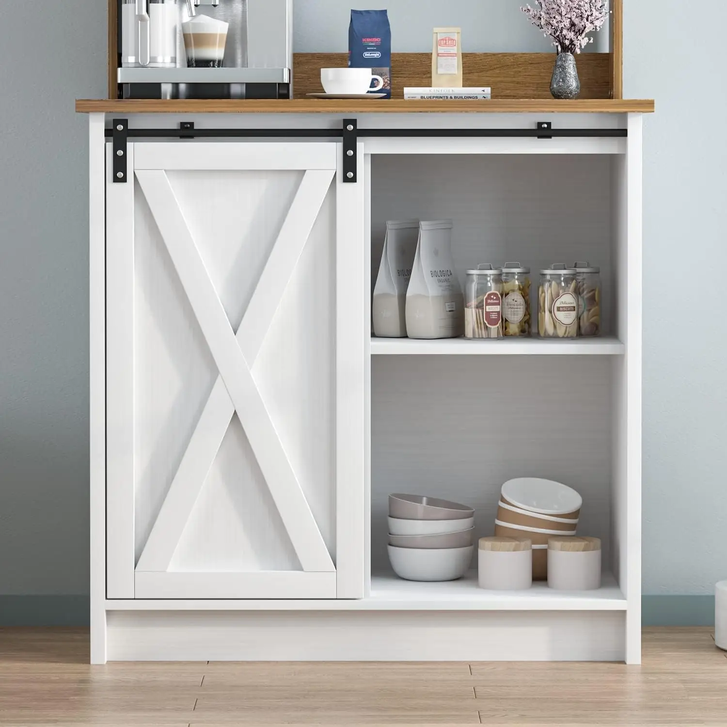 Coffee Bar Armário com Armazenamento, Farmhouse, Hutch Branco, 6 Ganchos