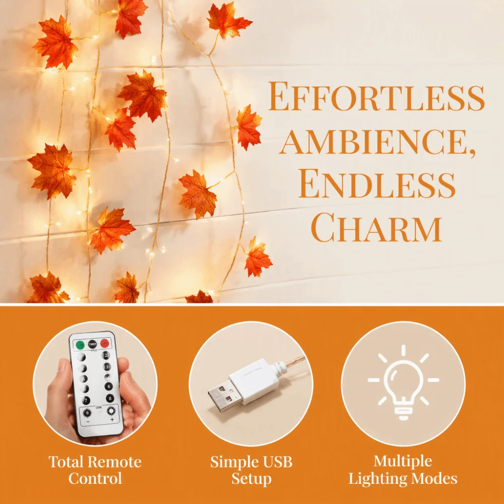 LED String Lights Warm White Remote Control Fairy Curtain Lights Lightweight Durable Material Lifelike Maple Leaves