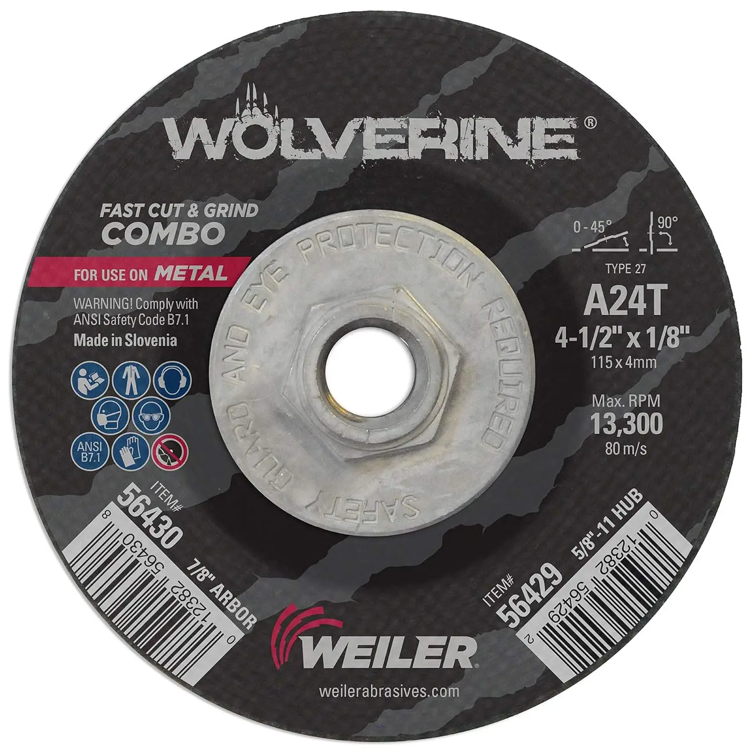 

4.5" Cut and Grind Combo Wheel, A24T, 5/8"-11 Nut, Aluminum Oxide, Pack of 10 for Metal Work