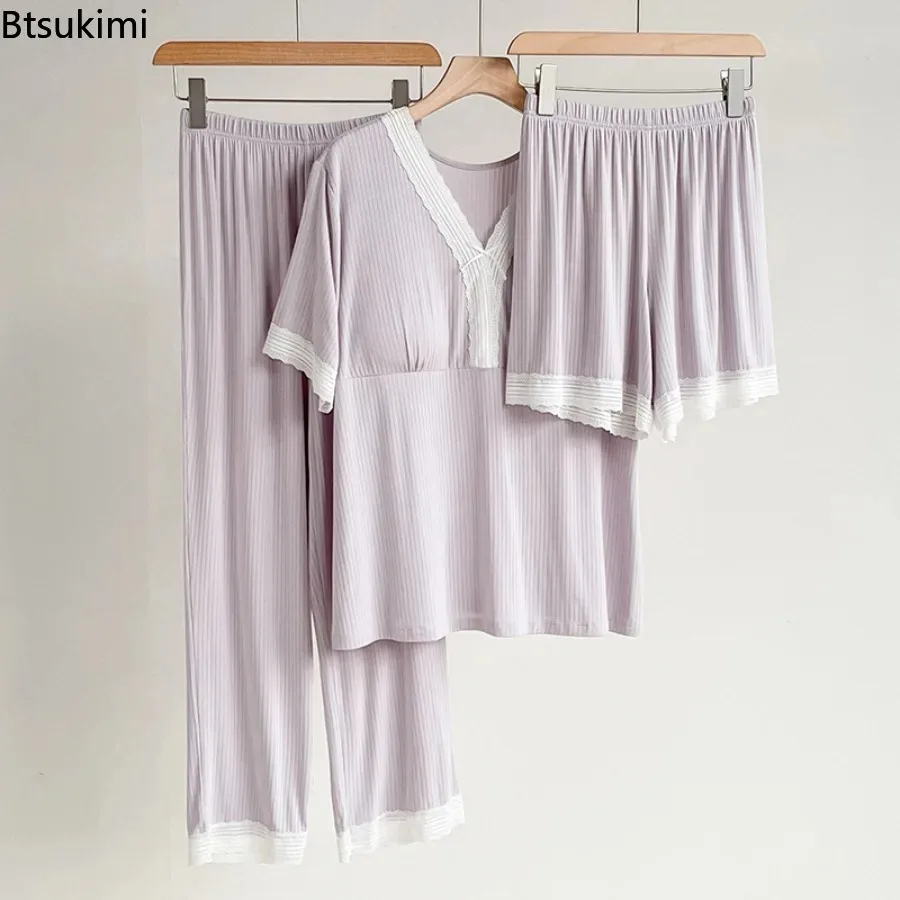 New 2025 Women's Summer Thin Pajamas Set Short Sleeve Top Loose Pants Two-piece Set Household Clothes Ladies Home Service Suit