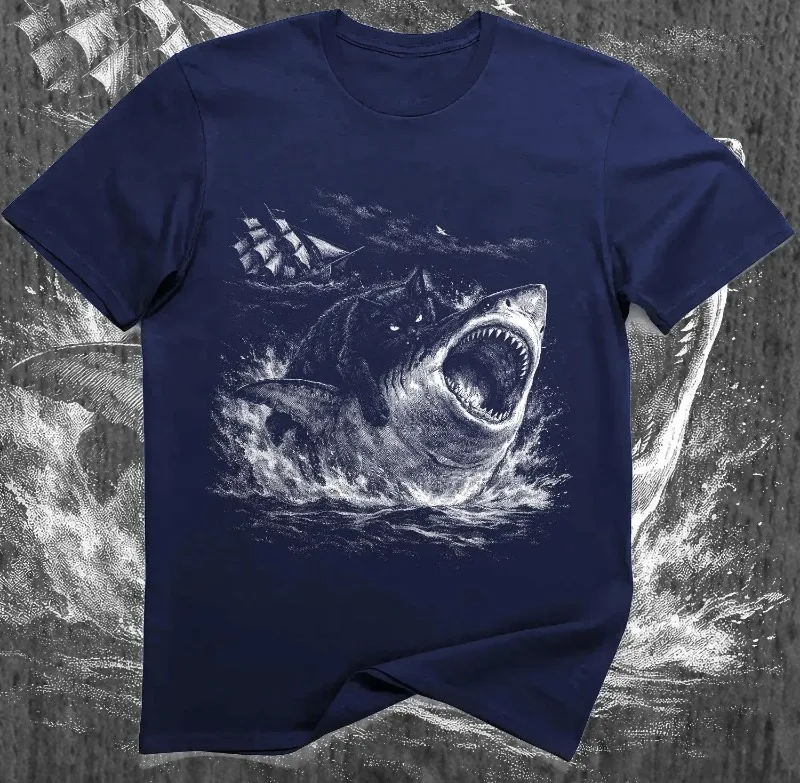 Cat Attack Shark Shirt – Funny Reversal Meme Tee, Pirate Sea Cat Graphic T-Shirt Four season popular unisex cotton T-shirt