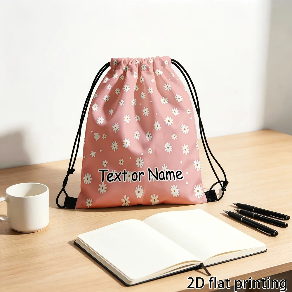 1Pc Pink Floral-themed Custom Name/Text Personalized Drawstring Backpack -Lightweight Travel Sports Bags Gym Sack Storage Bag