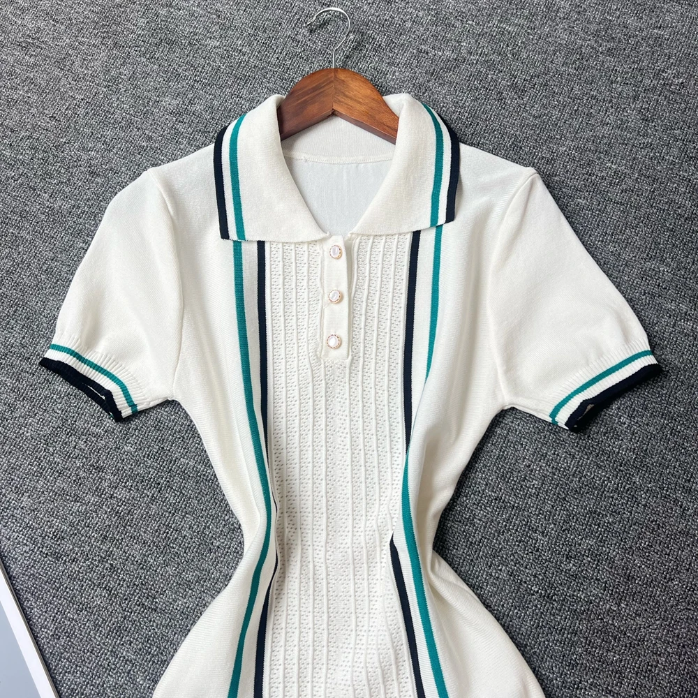 YuooMuoo Women Dress 2025 Summer Vintage Turn-down Collar Knitted Mini Dress Lady Slim Elastic Ruffled Bodycon Party Dress Robes image 3