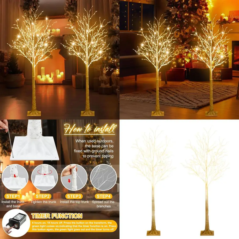 

2 шт., 4 фута, 300 светодиодов, березы с 8 режимами освещения, теплый белый цвет для внутреннего и наружного рождественского декора и Дня Благодарения