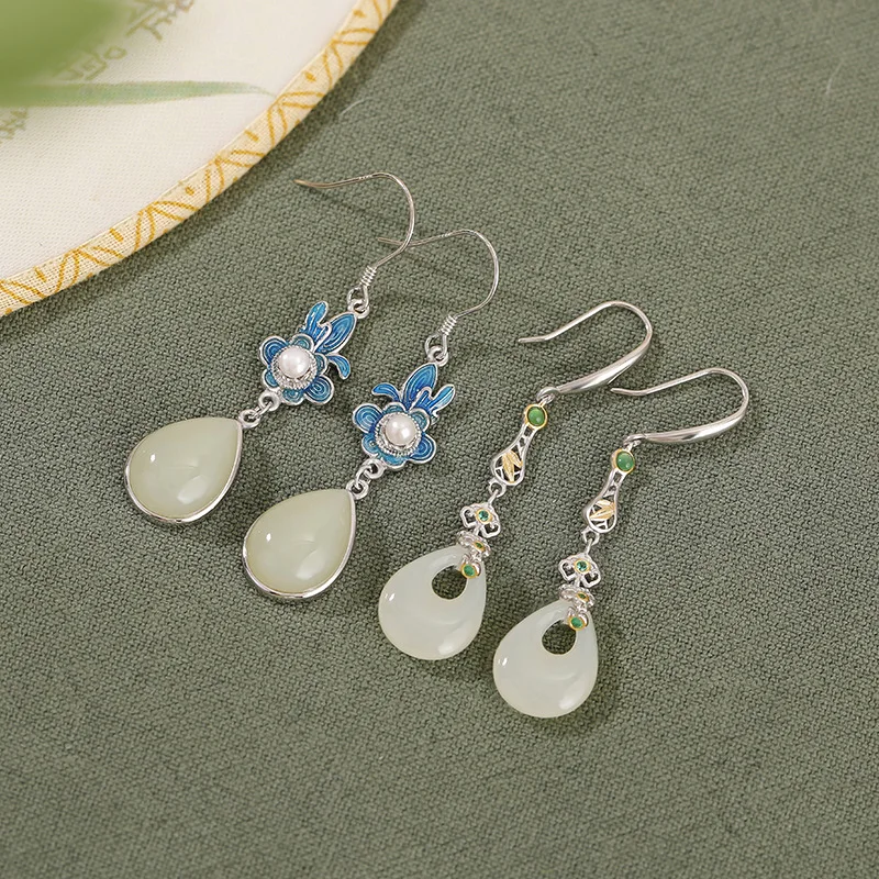 New Style Natural Hetian Jade S925 Sterling Silver Long Women'S Hook Earrings Jewelry