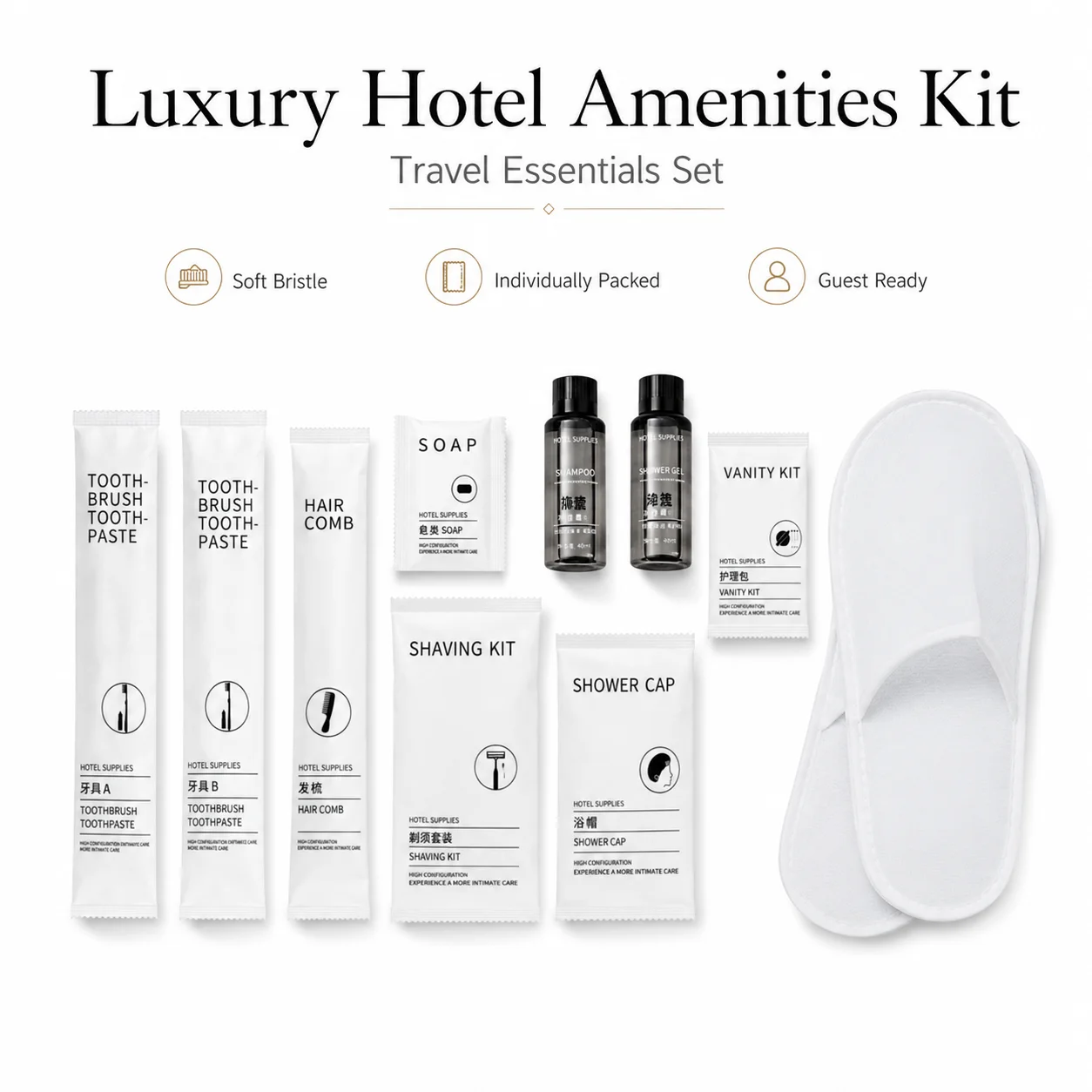 Disposable Hotel Amenities Kit Toothbrush Toothpaste Comb Soap Shampoo Slippers Travel Guest Supplies 100pc