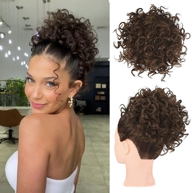 

Brown Curly Hair Bun Curly Wave Drawstring Ponytail Buns Extensions for Women Heat Resistant Synthetic Updo Chignon False Hair