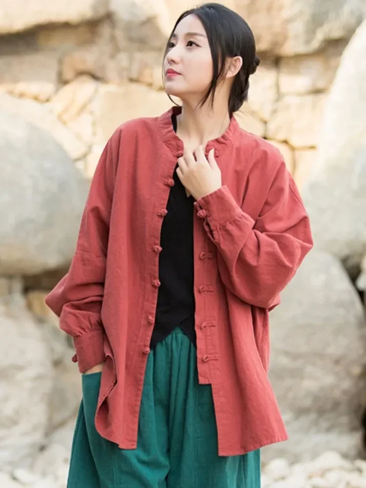 Johnature Women Chinese Style Linen Shirts And Tops Stand Long Sleeve Blouses 2024 Spring New Solid Color Button Vintage Shirts