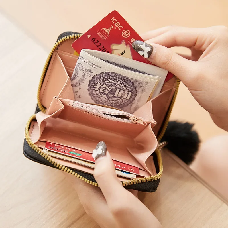 Mini Short Wallet Women'S Leather Credit Card Organizer Coin Purse Pompom Ball Pendant Leisure Foreign Trade Package