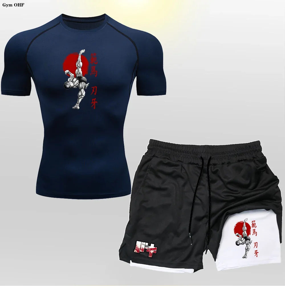 Heißes verkaufendes Sommer-T-Shirt + doppellagige Shorts für Herren-Freizeit-Fitness-Jogging-Sportbekleidung, atmungsaktives Kurzarm-Set