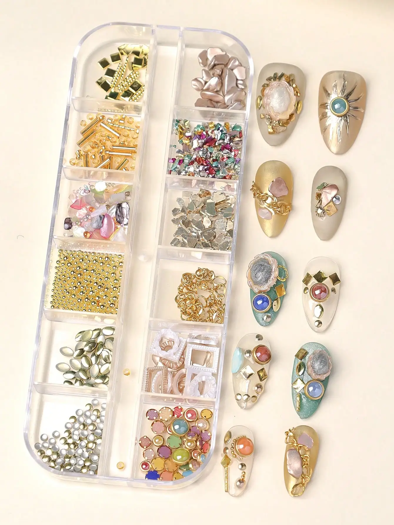 

12Grids Nail Charms Rivets,Golden Steel Steel Beads, Shell Pieces,Golden Chains, Baroque Nail Art Decorations Golden Nail Supplies Nails Nail Gems