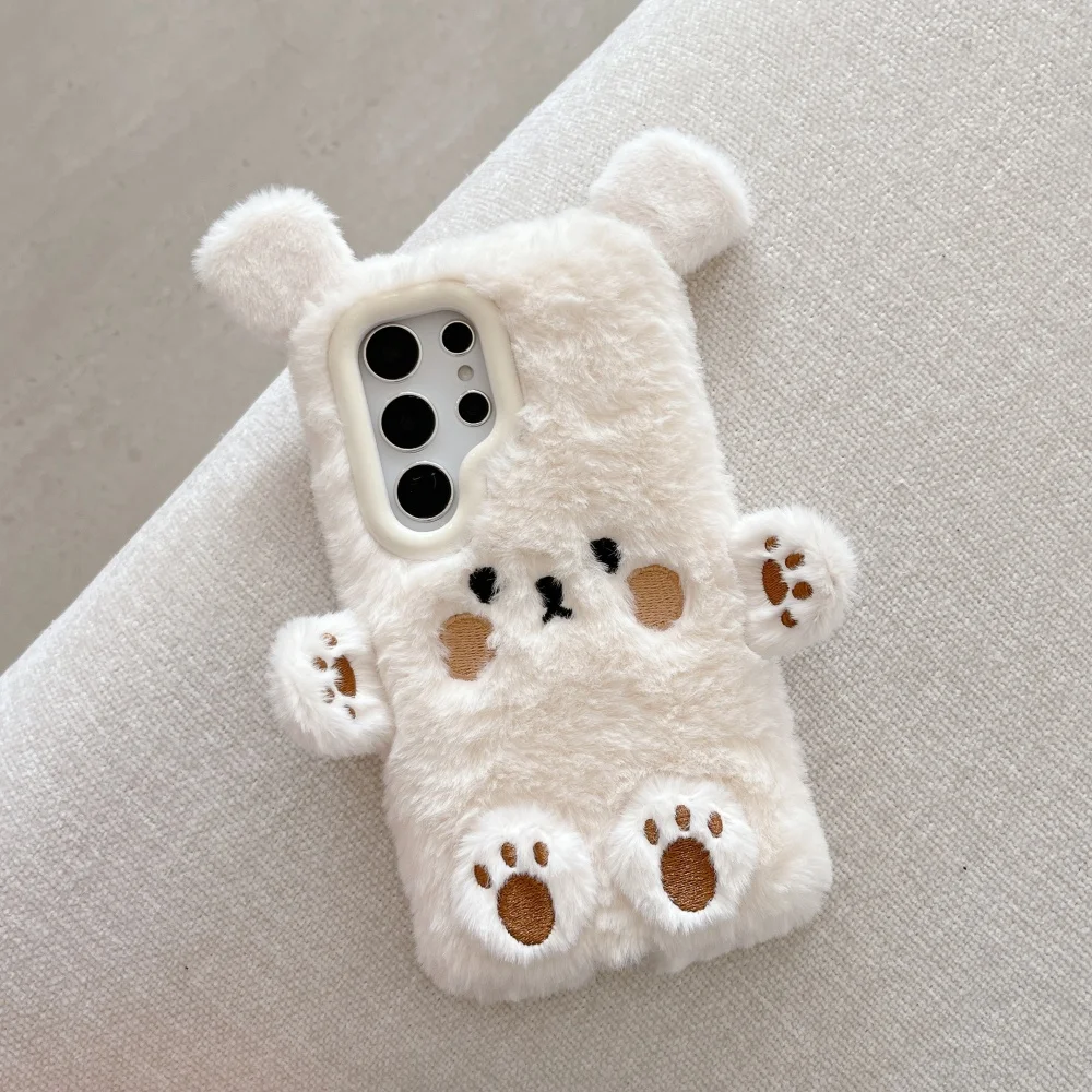 حافظة هاتف محمول لهاتف سامسونج جالاكسي S24 الترا حافظة 5G S23 S25 Plus قطيفة لطيفة قطيفة الدب الأصفر الفتيات هدية غطاء من الفرو المنفوش