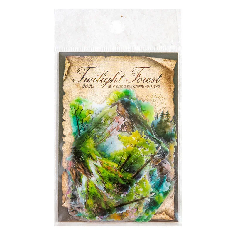 30pcs/bag Transparent Stickers Bag Twilight Forest Series Art Landscape Scrapbook Junk Journal Diary Decorative Collages