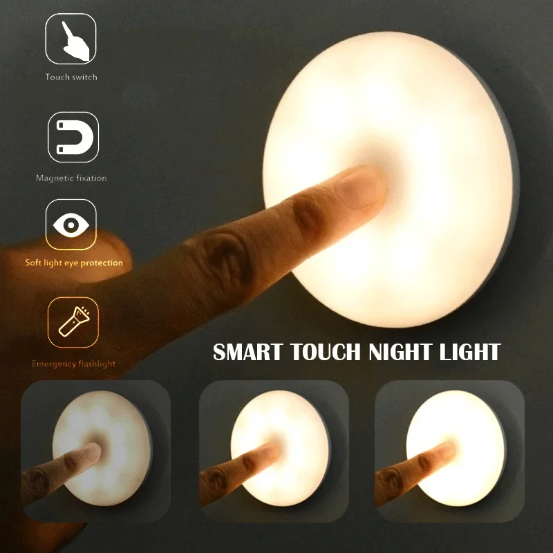 

Indoor Corridor Lamp Bedroom Wardrobe Rechargeable Dimming LED Round Circle Touch Night Light Flashlight Magnetic Base