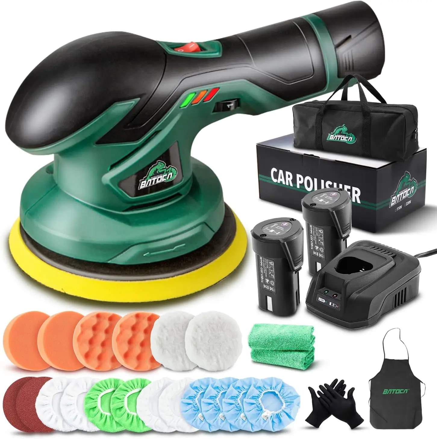 

Cordless Car Buffer Polisher with 2pcs 12V Lithium-ion Battery, Brushless Motor, 6 Speeds for Detailing