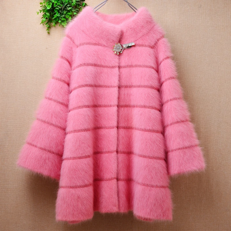 

Female Women Fall Winter Pink Hairy Mink Cashmere Knitted Three Quarter Sleeves Loose Cardigans Angora Jacket Sweater Jacket Top