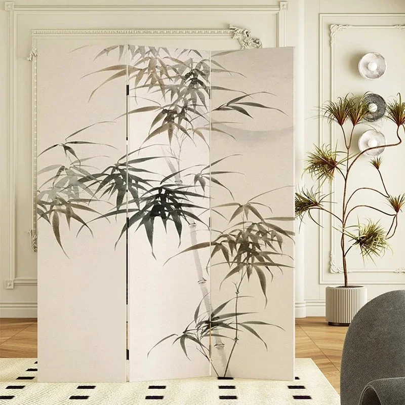 Biombo plegable retro de bambú chino, separador de ambientes móvil.