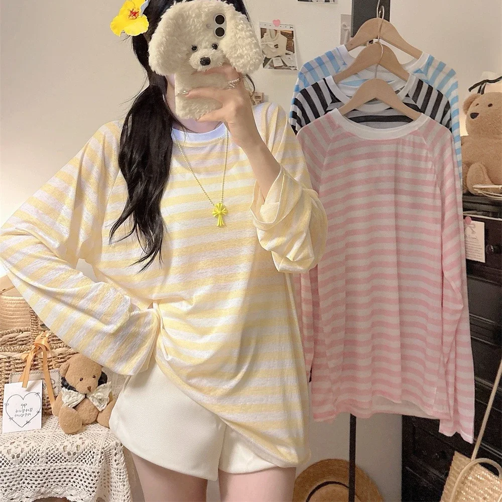 

Summer Colorful stripes Long Sleeve T-shirts Casual Loose Thin Slightly Transparent Sun Protection Cover Tops Women's T Shirt
