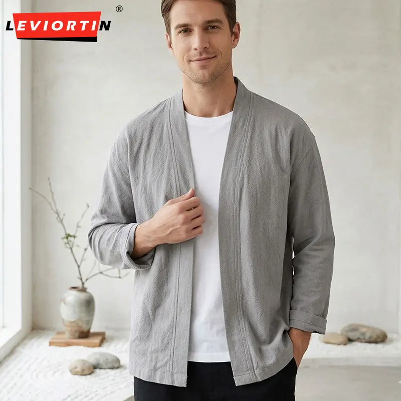Men Casual Cotton-linen Long-sleeve Shirt Cape Jacket Japan-style Loose-fitting Artistic Buttonless Stand-up Coats Male Outwear