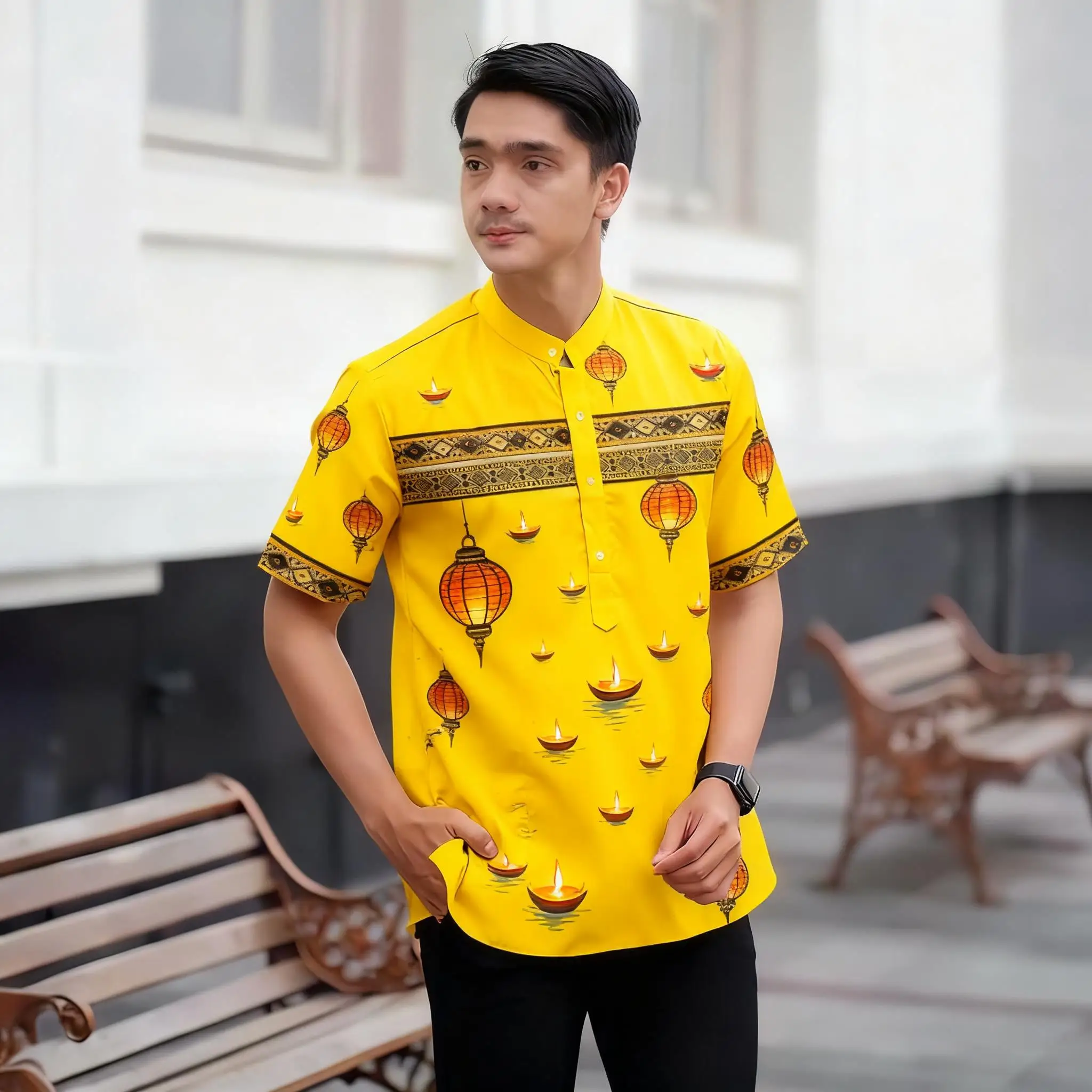 

Роскошная повседневная исламская арабская Абая в национальном стиле с этническим принтом и воротником-стойкой, молодежная мусульманская рубашка с короткими рукавами, Camisa Arabe