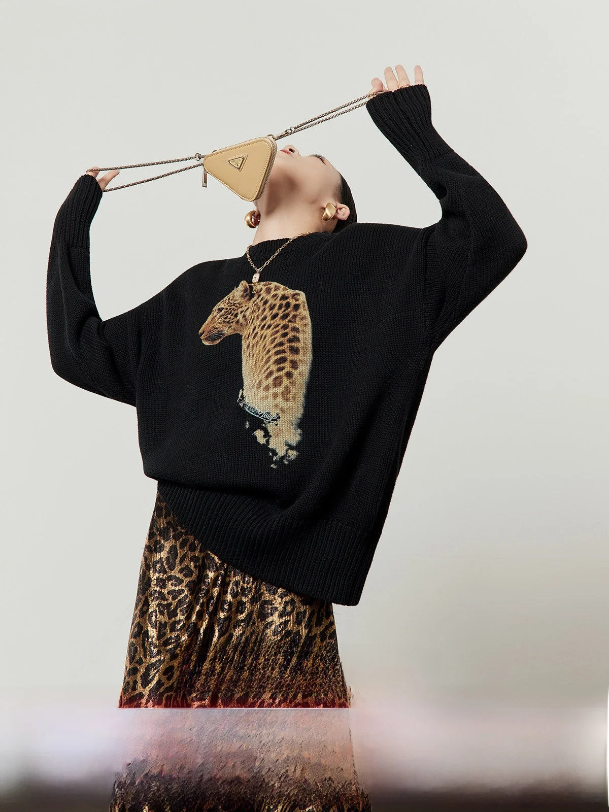 

Bla Knitted Loose Casual Sle Women's Sweater Winter New Arrival Zhou Li Wu Vintage Pattern Long Sve Leopard Print