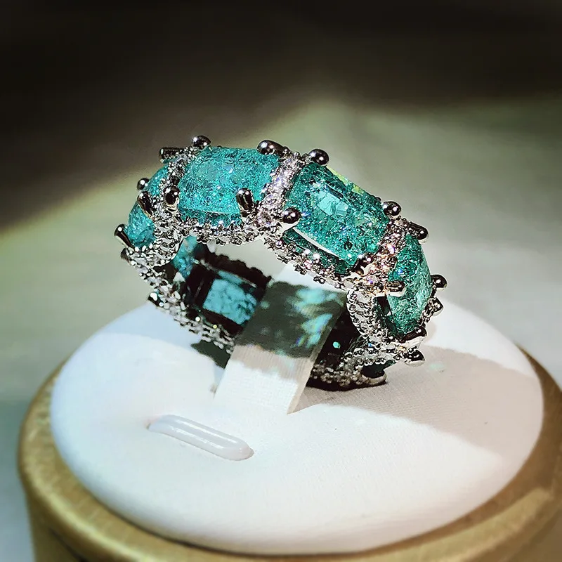 High-end Jewelry Heavy Industry Inlaid Aquamarine Topaz Ring For Ladies 925 Silver Paraiba Ring Party Birthday Gift