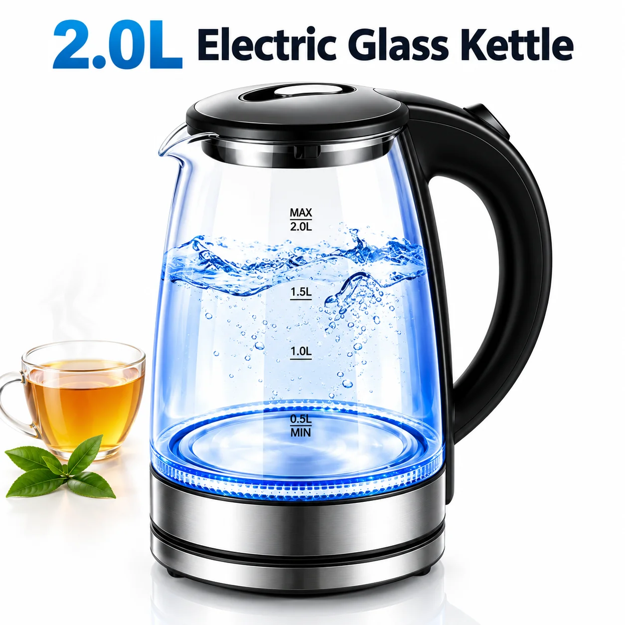 2L Electric Glass Kettle Blue LED Light Fast Boiling Water Heater BPA Free Borosilicate Glass Teapot Auto Shut Off Protection For Household Kitchen