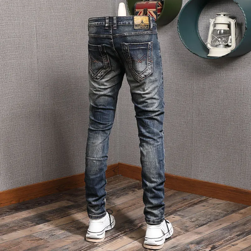 Fashion Designer Men Jeans High Quality Retro Black Blue Stretch Slim Fit Ripped Jeans Men Embroidery Patched Vintage Pants